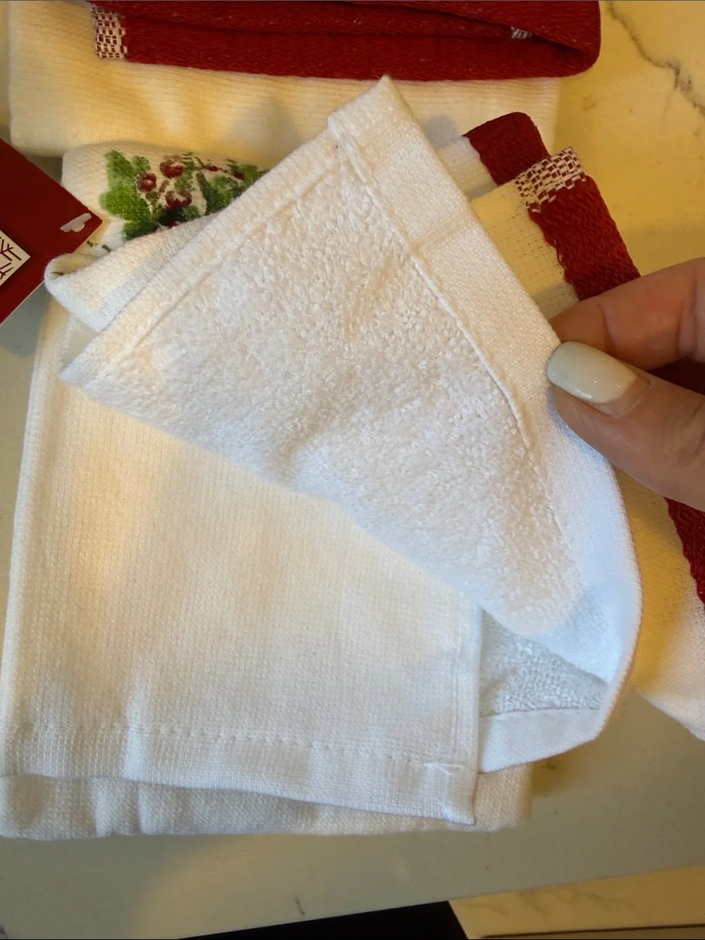 WONDERLAND Red and Green Monogram Holiday Kitchen Towel set 2